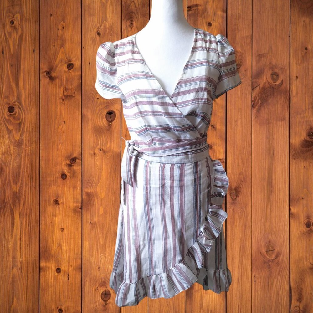 Listicle Wrap Dress Size Large Striped Ruffle V-Neck Lined Short Sleeve Feminine